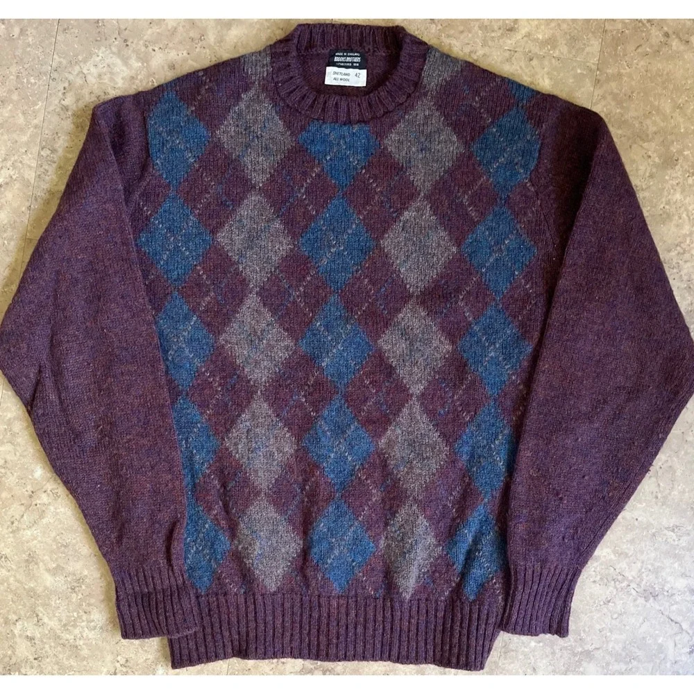 Brooks Brothers Shetland Wool Argyle Sweater Mens 42 Purple Made in England Vtg
